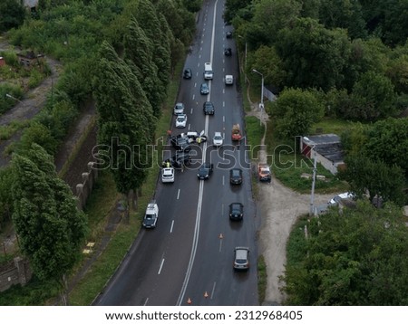 Head-on collision accident. Top view of the road. Severe accident. Traffic accidents on the road. traffic jam