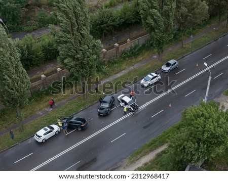 Head-on collision accident. Top view of the road. Severe accident. Traffic accidents on the road. traffic jam