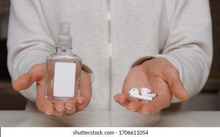 Headphone Cleaning Airpods Sanitizer, Spir. Prevention Of Coronavirus Infection. Headphone Disinfection Coronavirus, Covid 19, Quarantine