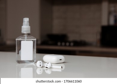 Headphone Cleaning Airpods Sanitizer, Spir. Prevention Of Coronavirus Infection. Headphone Disinfection Coronavirus, Covid 19, Quarantine