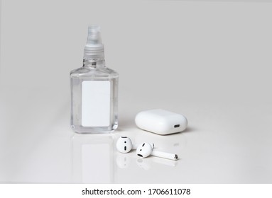 Headphone Cleaning Airpods Sanitizer, Spir. Prevention Of Coronavirus Infection. Headphone Disinfection Coronavirus, Covid 19, Quarantine. Isolated White Background