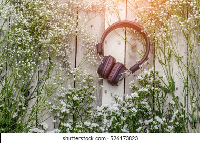 Headphone With Frame Of Beautiful Flower On Wooden Background Music Therapy Concept