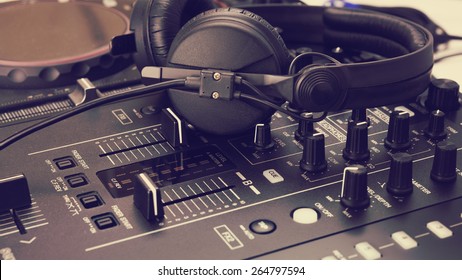 Headphone On Dj Mix Console And Music Mixer