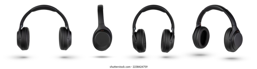 Headphones isolate on white. Wireless headphones in black, high quality, isolated on a white background, for advertising or product catalog. Set of headphones from different angles