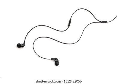 Headphones for listening music and sounds on portable devices on a white background. Ear plugs. Earflaps for a mobile phone. Headset from two earpieces. Playing music.