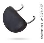 Headrest from a car seat made of black leather on a white isolated background.