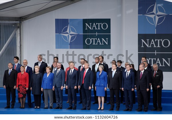 Heads of governments of member\
countries of NATO at the opening ceremony of NATO summit 2018 in\
front of NATO headquarters in Brussels, Belgium on July 11, 2018.\

