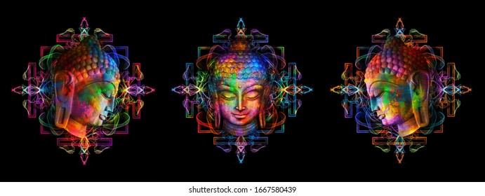 Heads of the Lord Buddha in full face and profile on a multicolor psychedelic background. Collage, digital art. Can be used for printing onto fabric and yoga mat.
