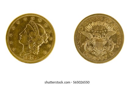 Heads And Tails: 1876 US Twenty Dollar Gold Coin. Isolated.