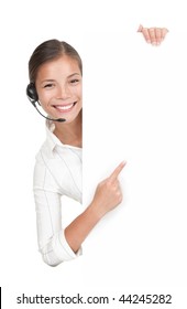 Headset Woman From Call Center Standing With Billboard. Mixed Race Chinese / Caucasian Model Isolated On White Background.