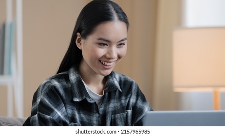 Headshot Asian Girl Student Freelancer Business Woman Typing On Laptop Computer Working In Internet Female Professional Lady Using Pc Technology At Home Smiling Happy Doing Online Job Browsing Web