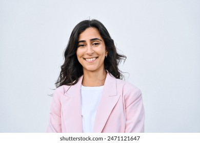 Headshot closeup portrait middle eastern Israel businesswoman, business lady standing isolated on white background. Happy smiling young successful 20s Arabian or Indian woman in suit, looking camera - Powered by Shutterstock