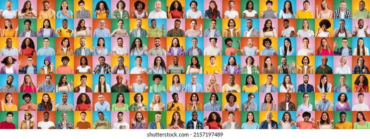 Headshot happy diverse people make gestures and signs with hands, isolated on colorful background, collage, studio. Positive emotions and facial expressions, ad. Ok, hello, love, wow and got idea - Shutterstock ID 2157197489