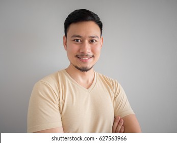 Headshot Of Happy Face Of Asian Man With Beard And Mustache.