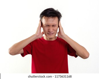 Headshot man stressed on white background, Asians wear red short sleeves, alone. - Shutterstock ID 1173631168