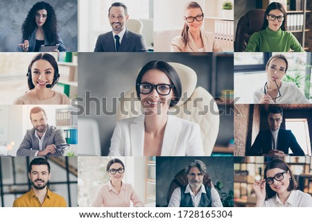 Headshot pc screen application view of smiling colleagues talk speak online brainstorm on group video chat call, collage of diverse people have work web conference on easy comfortable modern platform