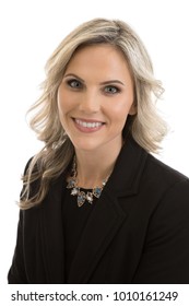 Headshot Porrtrait Of A Beautiful Blond Mid 30s Business Woman Wearing A Black Suit Isolated On White Background