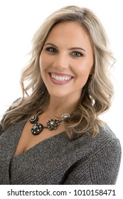 Headshot Portrait Of A Happy Beautiful Mid 30s Blond Woman Isolated On A White Background