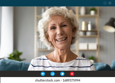 Headshot Portrait Screen Application View Of Smiling Elderly Grandmother Sit At Home Speak Talk On Video Call With Relatives, Happy Mature Woman Have Fun Chat Online Use Webcam Conference On Computer