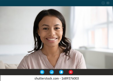 Headshot portrait screen application view of happy African American young woman speak talk on video call on computer, smiling biracial female have pleasant Webcam conference online on laptop