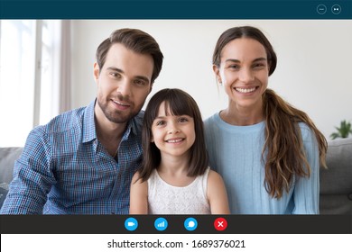 Headshot Portrait Screen Application View Of Smiling Young Family With Little Daughter Speak Talk On Video Call With Relatives, Happy Parents With Small Kid Chat Online Use Web Conference On Laptop