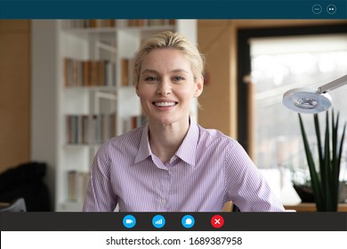 Headshot Portrait Screen Application View Of Smiling Young Woman Consultant Speak Talk On Video Call In Office Online, Positive Female Specialist Have Web Conference On Laptop With Client At Home