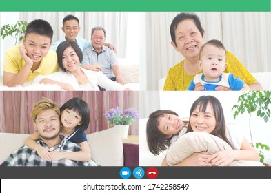 Headshot Portrait Screen Application View Of Happy Diverse Family People Talk On Video Call Online Using Distance Webcam Chat.Multi Generational Family Involved In Group Video Call.


