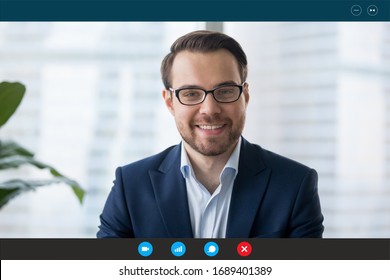 Headshot Portrait Screen View Of Confident Businessman Talk On Webcam Conference With Business Client, Smiling Male Employee Speak On Video Call, Communicate Online Using Wireless Internet Connection