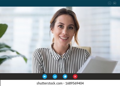 Headshot Portrait Screen View Of Young Businesswoman Consult Client Online Using Webcam Conference, Smiling Female Employee Speak Talk On Video Call With Partner Or Colleague From Home Office