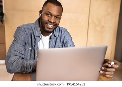 Headshot Portrait Smiling African American Business Man Making Video Call, Looking At Camera, Confident Positive Young Trainer Leading A Remote Lesson, Businessman Participating In Online Conference.