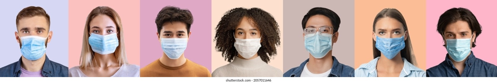 Headshot of sad diverse young people in protective masks on faces isolated on colorful background, free space. Self-isolation, health care and prevent covid-19 virus pandemic, panorama, collage - Shutterstock ID 2057011646