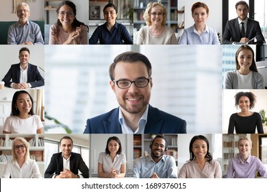Headshot screen application view of diverse multiracial employees have work web conference using modern platform, smiling multiethnic colleagues talk speak online brainstorm on video call