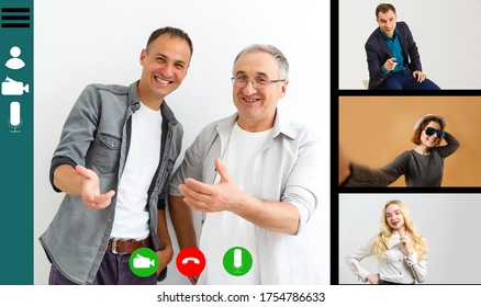 Headshot Screen Application View Of Diverse Multiracial Employees Have Work Web Conference Using Modern Platform, Smiling Multiethnic Colleagues Talk Speak Online Brainstorm On Video Call