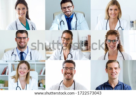 Headshot screen application view of diverse doctors have work web conference using modern platform.