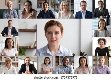 Headshot screen application view of multiracial businesspeople talk brainstorm on group video call, diverse colleagues have webcam conference, engaged in web team meeting or online briefing at home - Shutterstock ID 1739378975
