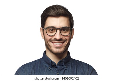 Headshot Of Smiling European Caucasian Business Man With Haircut And Glasses, Isolated On White Background