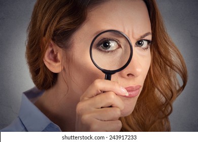 Headshot Woman Investigator Looking Through Magnifying Glass