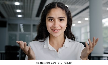 Headshot Young Positive Woman Business Agent Sales Consultant Makes Presentation Looking At Camera Talking Using Webcam Sells Product Advertises Service Successful Businesswoman Blogger Recording