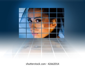 Headshot Of A Young Sexy Woman On Large Video Wall. Television Production Technology Concept