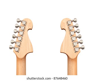 Headstock of the electric guitar on white background