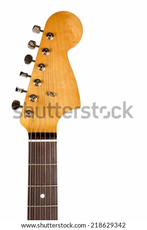 Headstock of the six string classic electric guitar on white background