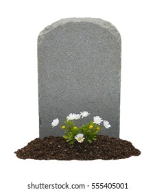 Headstone and Flowers with Copy Space Isolated on White Background. - Shutterstock ID 555405001