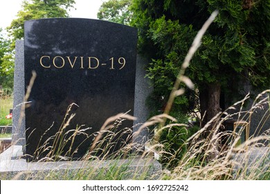 Headstone Tombstone Or Gravestone With COVID-19 Letters Carved In, Coronavirus Global Pandemic Crisis, Many Victims And Deaths, Deadly Virus Disease, Acute Respiratory Pneumonia Infection, RIP Concept