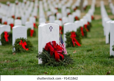 Headstones in Christmas time in Arlington National Cemetery - Washington DC United States
