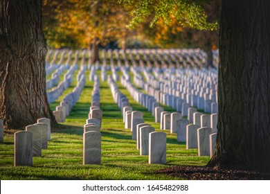 Les pierres de tête sont parfaitement alignées au cimetière Dayton Nation de Dayton, dans l'Ohio, pendant la saison d'automne colorée.