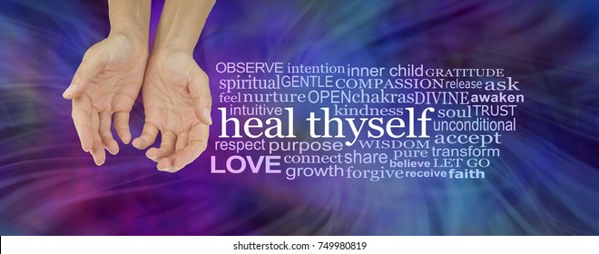 Heal Thyself Word Cloud - female hands in cupped position on a deep  blue and magenta swishing energy background  with a white HEAL THYSELF word cloud to the right 