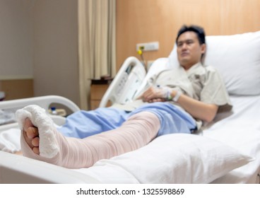 Heal Weir Bone Broken Leg With Accident On Bed Hospital Bed After Surgery Cast.