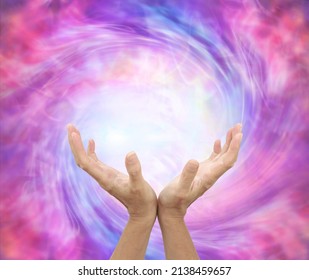  Healer sensing awesome vortexing energy field - female hands reaching into a spiralling pink energy field with space for message
                              