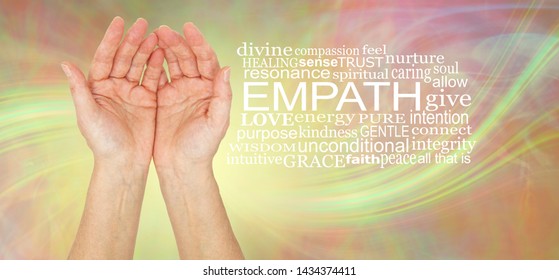 The Healing Hands Of An Empath - Pair Of Female Hands Gently Cupped Beside An EMPATH Word Cloud Against A Lemon Laser Light Swish Energy Background
