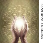 Healing Hands and Flower of Life Symbol Message Background - male parallel hands with white star light between against a golden Flower of Life background ideal for a spiritual holistic healing theme
